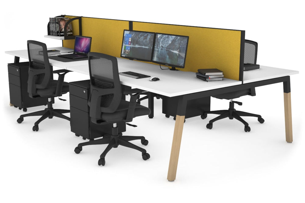 Quadro A Legs 4 Person Office Workstation - Wood Legs Cross Beam [1600L x 800W with Cable Scallop]-black leg white mustard yellow (500H x 1600W)