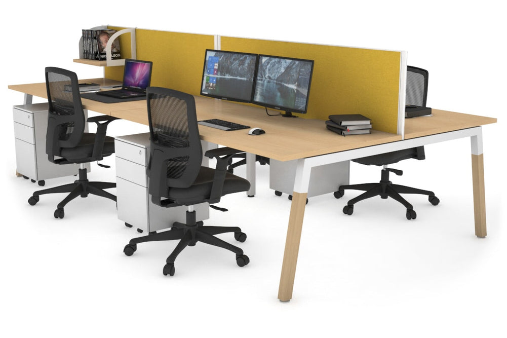 Quadro A Legs 4 Person Office Workstation - Wood Legs Cross Beam [1600L x 800W with Cable Scallop]-white leg maple mustard yellow (500H x 1600W)