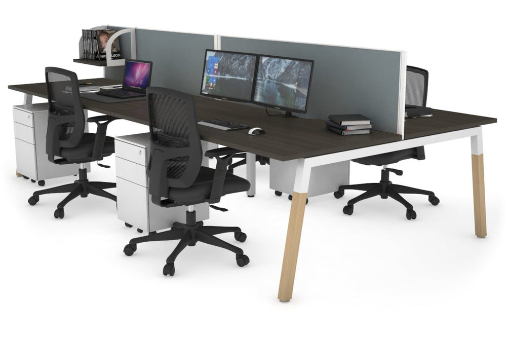 Quadro A Legs 4 Person Office Workstation - Wood Legs Cross Beam [1600L x 800W with Cable Scallop]-white leg dark oak cool grey (500H x 1600W)