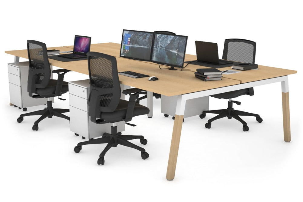 Quadro A Legs 4 Person Office Workstation - Wood Legs Cross Beam [1600L x 800W with Cable Scallop]-white leg maple none