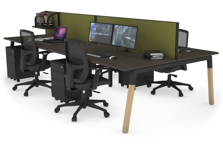 Quadro A Leg 4 Person Office Workstations - Wood Leg Cross Beam [1600L x 800W with Cable Scallop] Jasonl black leg dark oak green moss (500H x 1600W)