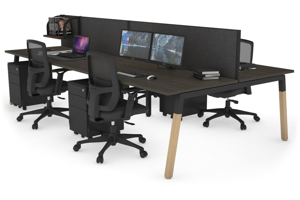 Quadro A Legs 4 Person Office Workstation - Wood Legs Cross Beam [1600L x 800W with Cable Scallop]-black leg dark oak moody charcoal (500H x 1600W)