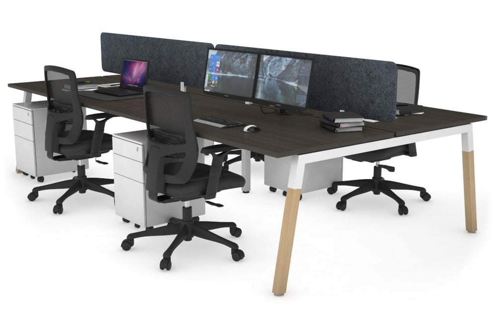 Quadro A Legs 4 Person Office Workstation - Wood Legs Cross Beam [1600L x 800W with Cable Scallop]-white leg dark oak dark grey acoustic panel (400H x 1600W)