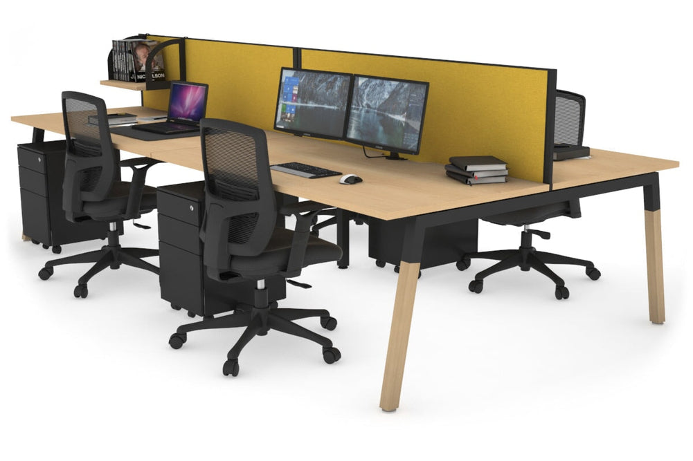 Quadro A Legs 4 Person Office Workstation - Wood Legs Cross Beam [1600L x 800W with Cable Scallop]-black leg maple mustard yellow (500H x 1600W)