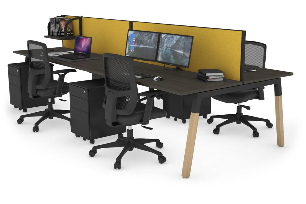 Quadro A Legs 4 Person Office Workstation - Wood Legs Cross Beam [1800L x 700W]-black leg dark oak mustard yellow (500H x 1800W)