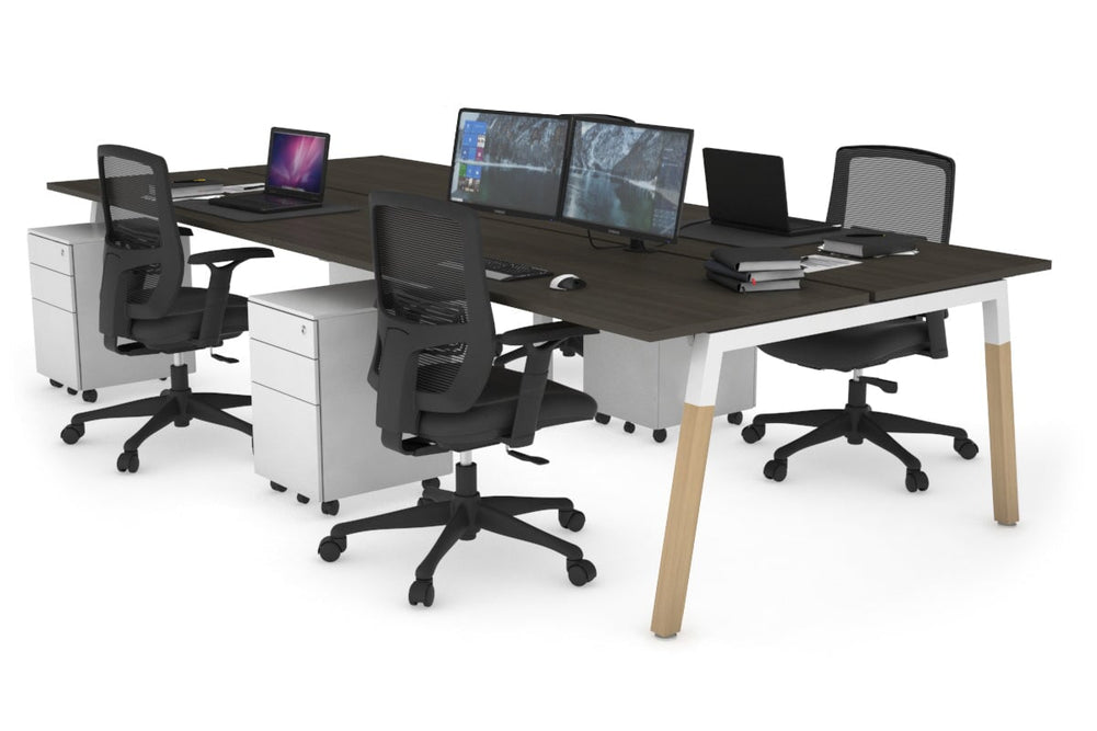 Quadro A Legs 4 Person Office Workstation - Wood Legs Cross Beam [1800L x 700W]-white leg dark oak none