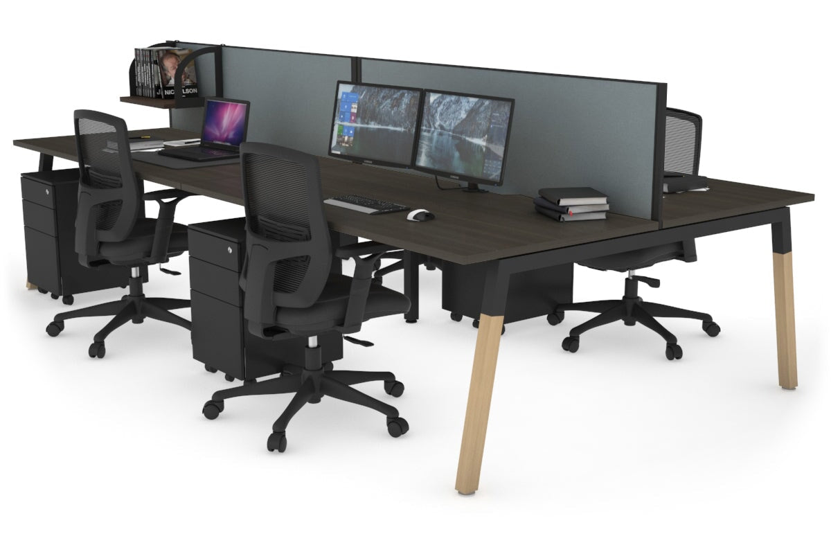 Quadro A Leg 4 Person Office Workstations - Wood Leg Cross Beam [1800L x 700W] Jasonl black leg dark oak cool grey (500H x 1800W)