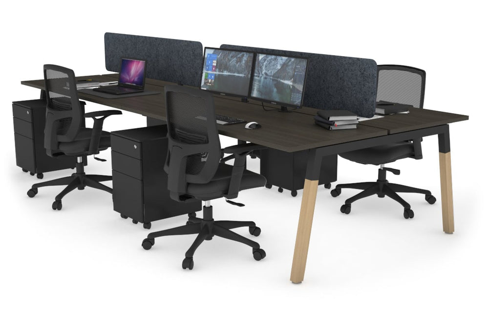 Quadro A Legs 4 Person Office Workstation - Wood Legs Cross Beam [1800L x 700W]-black leg dark oak dark grey acoustic panel (400H x 1600W)
