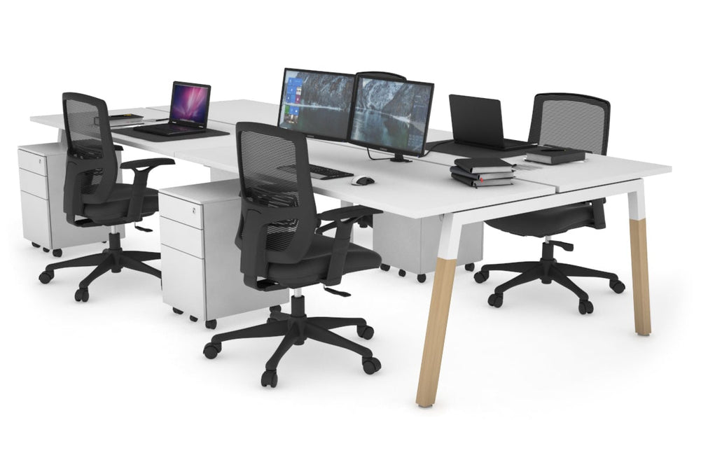 Quadro A Legs 4 Person Office Workstation - Wood Legs Cross Beam [1800L x 700W]-white leg white none
