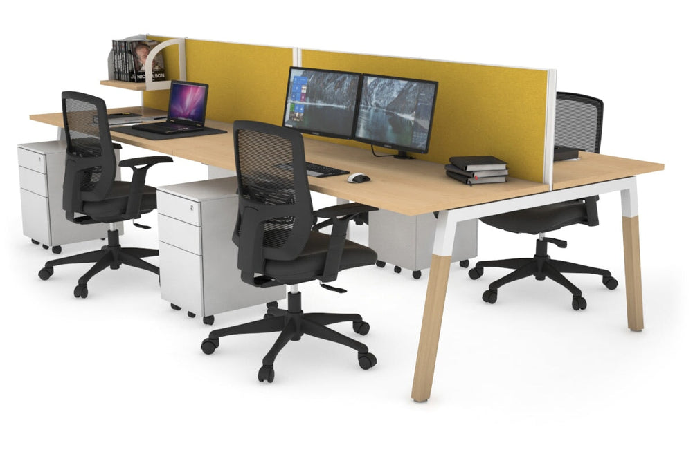 Quadro A Legs 4 Person Office Workstation - Wood Legs Cross Beam [1800L x 700W]-white leg maple mustard yellow (500H x 1800W)