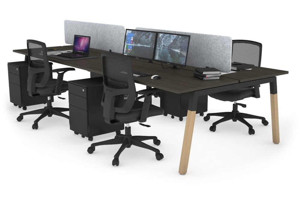 Quadro A Legs 4 Person Office Workstation - Wood Legs Cross Beam [1800L x 700W]-black leg dark oak light grey acoustic panel (400H x 1600W)