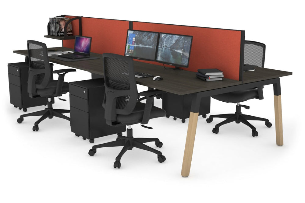 Quadro A Legs 4 Person Office Workstation - Wood Legs Cross Beam [1800L x 700W]-black leg dark oak orange squash (500H x 1800W)
