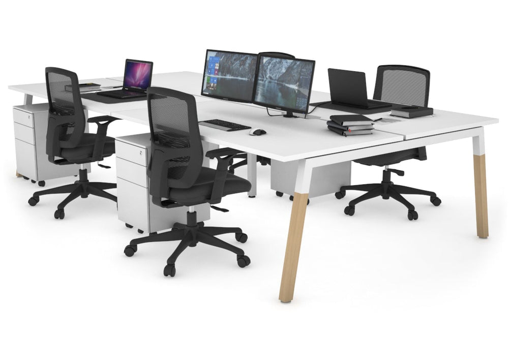 Quadro A Legs 4 Person Office Workstation - Wood Legs Cross Beam [1800L x 800W with Cable Scallop]-white leg white none