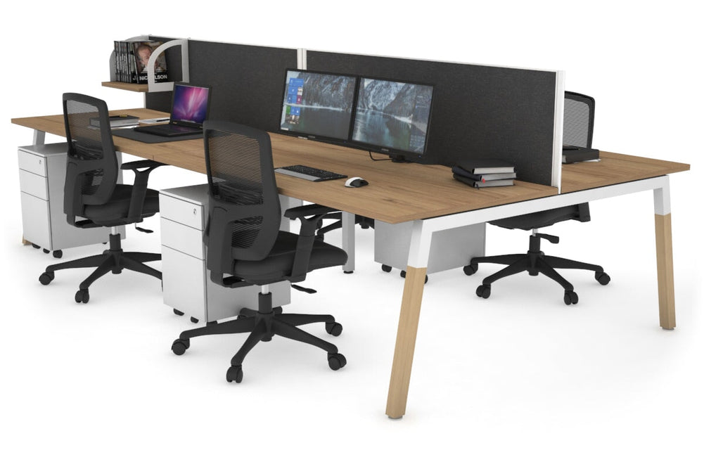 Quadro A Legs 4 Person Office Workstation - Wood Legs Cross Beam [1800L x 800W with Cable Scallop]-white leg salvage oak moody charcoal (500H x 1800W)