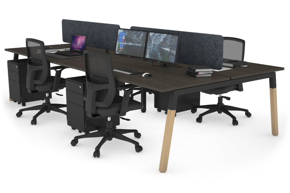 Quadro A Legs 4 Person Office Workstation - Wood Legs Cross Beam [1800L x 800W with Cable Scallop]-black leg dark oak dark grey acoustic panel (400H x 1600W)