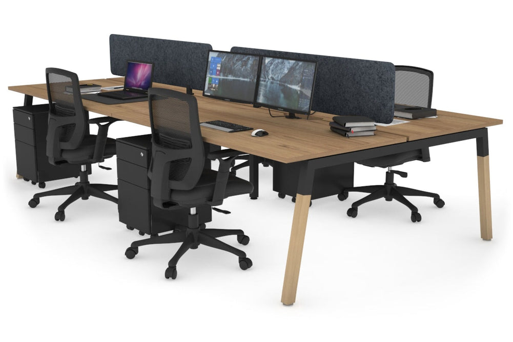 Quadro A Legs 4 Person Office Workstation - Wood Legs Cross Beam [1800L x 800W with Cable Scallop]-black leg salvage oak dark grey acoustic panel (400H x 1600W)