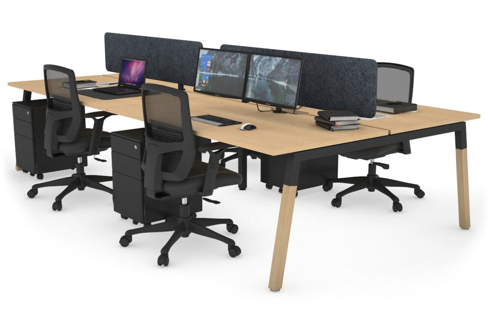Quadro A Legs 4 Person Office Workstation - Wood Legs Cross Beam [1800L x 800W with Cable Scallop]-black leg maple dark grey acoustic panel (400H x 1600W)