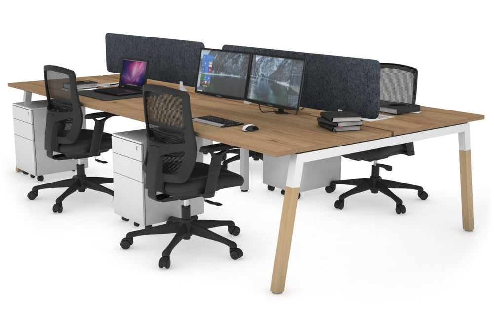 Quadro A Legs 4 Person Office Workstation - Wood Legs Cross Beam [1800L x 800W with Cable Scallop]-white leg salvage oak dark grey acoustic panel (400H x 1600W)