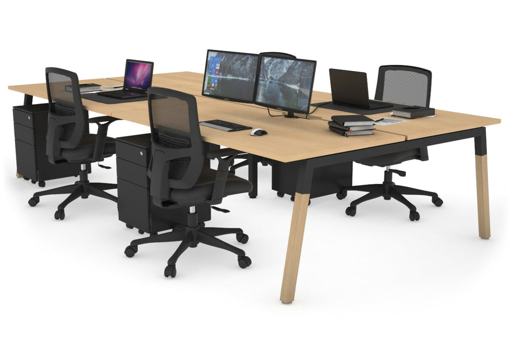Quadro A Legs 4 Person Office Workstation - Wood Legs Cross Beam [1800L x 800W with Cable Scallop]-black leg maple none