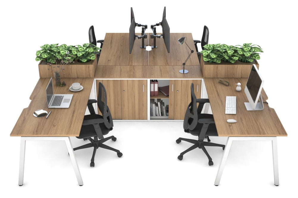 Quadro A Legs 4 Person Workstation with Uniform Spine [4 x (1400x800) with Cable Scallop]-white leg salvage oak/salvage oak planter 