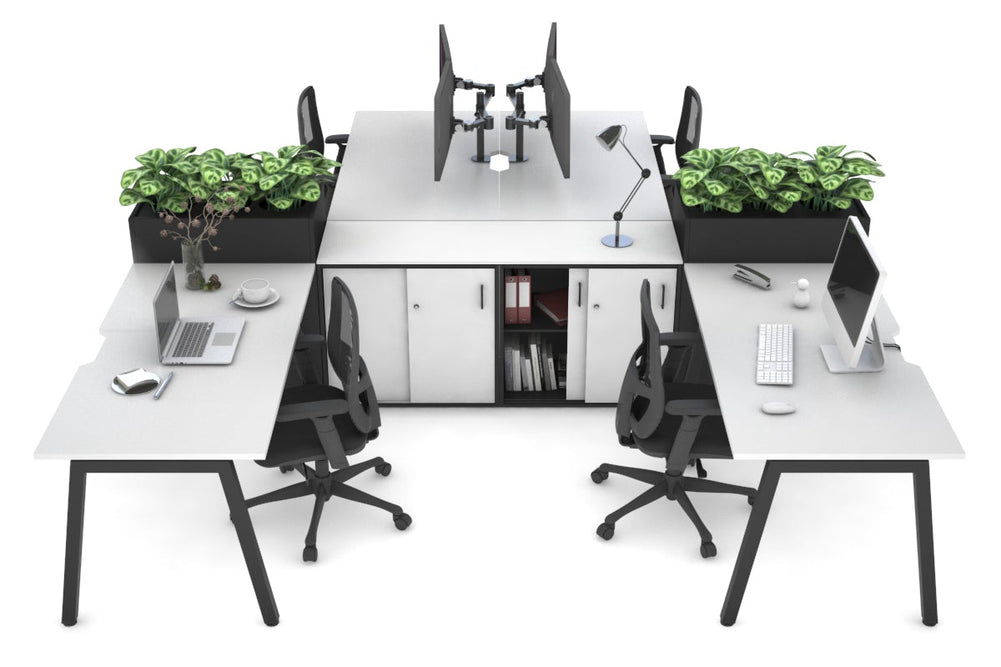 Quadro A Legs 4 Person Workstation with Uniform Spine [4 x (1400x800) with Cable Scallop]-black leg white/black planter 