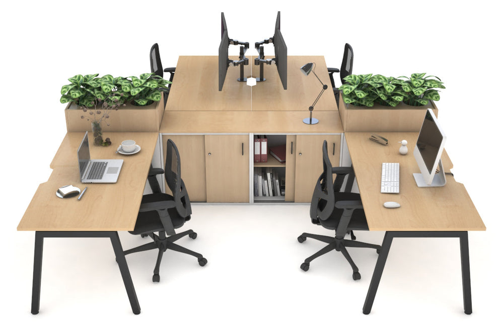 Quadro A Legs 4 Person Workstation with Uniform Spine [4 x (1400x800) with Cable Scallop]-black leg maple/maple planter 