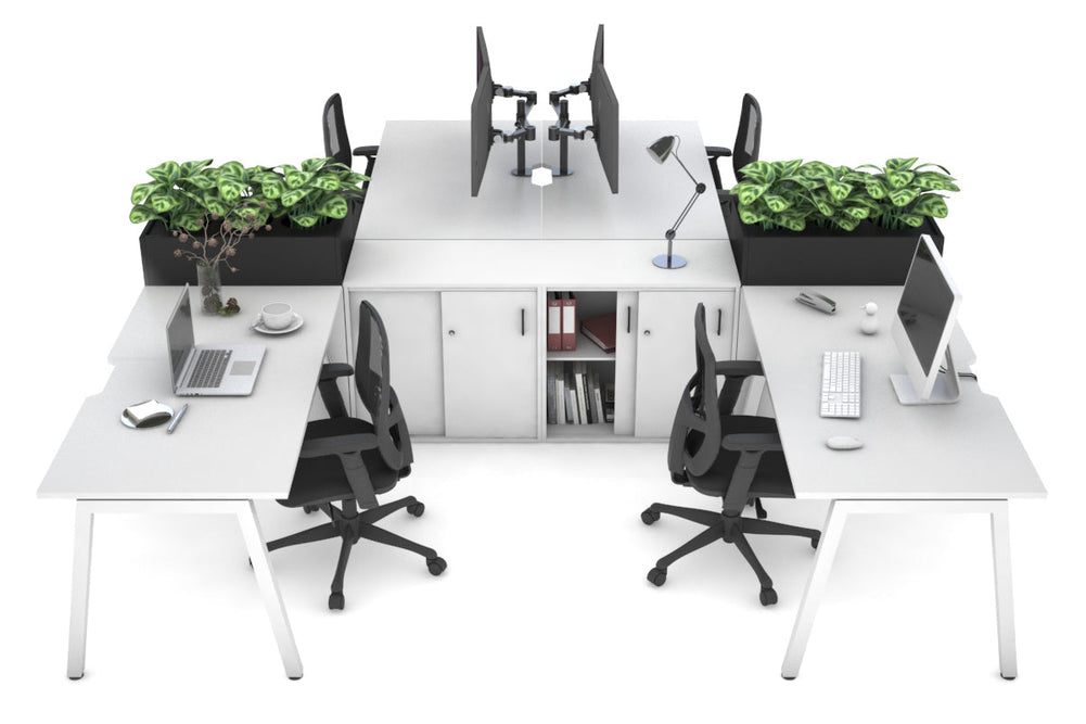 Quadro A Legs 4 Person Workstation with Uniform Spine [4 x (1400x800) with Cable Scallop]-white leg white/black planter 