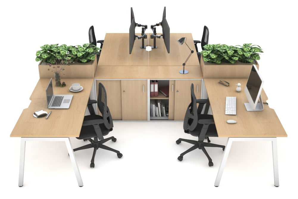 Quadro A Legs 4 Person Workstation with Uniform Spine [4 x (1400x800) with Cable Scallop]-white leg maple/maple planter 