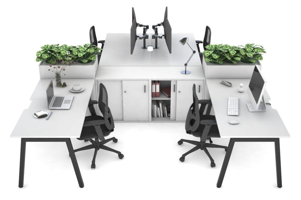 Quadro A Legs 4 Person Workstation with Uniform Spine [4 x (1400x800) with Cable Scallop]-black leg white/white planter 