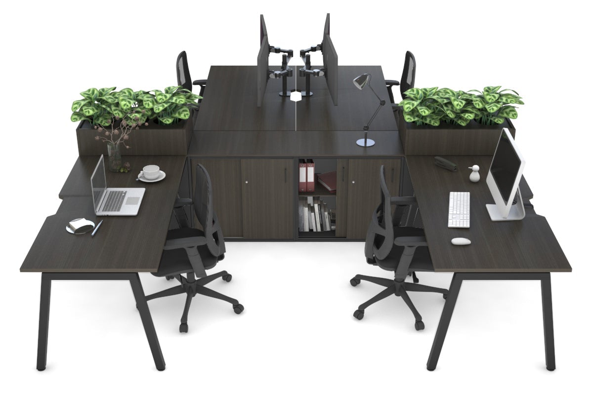 Quadro A Legs 4 Person Workstation with Uniform Spine [4 x (1400x800) with Cable Scallop]-black leg dark oak/dark oak planter 