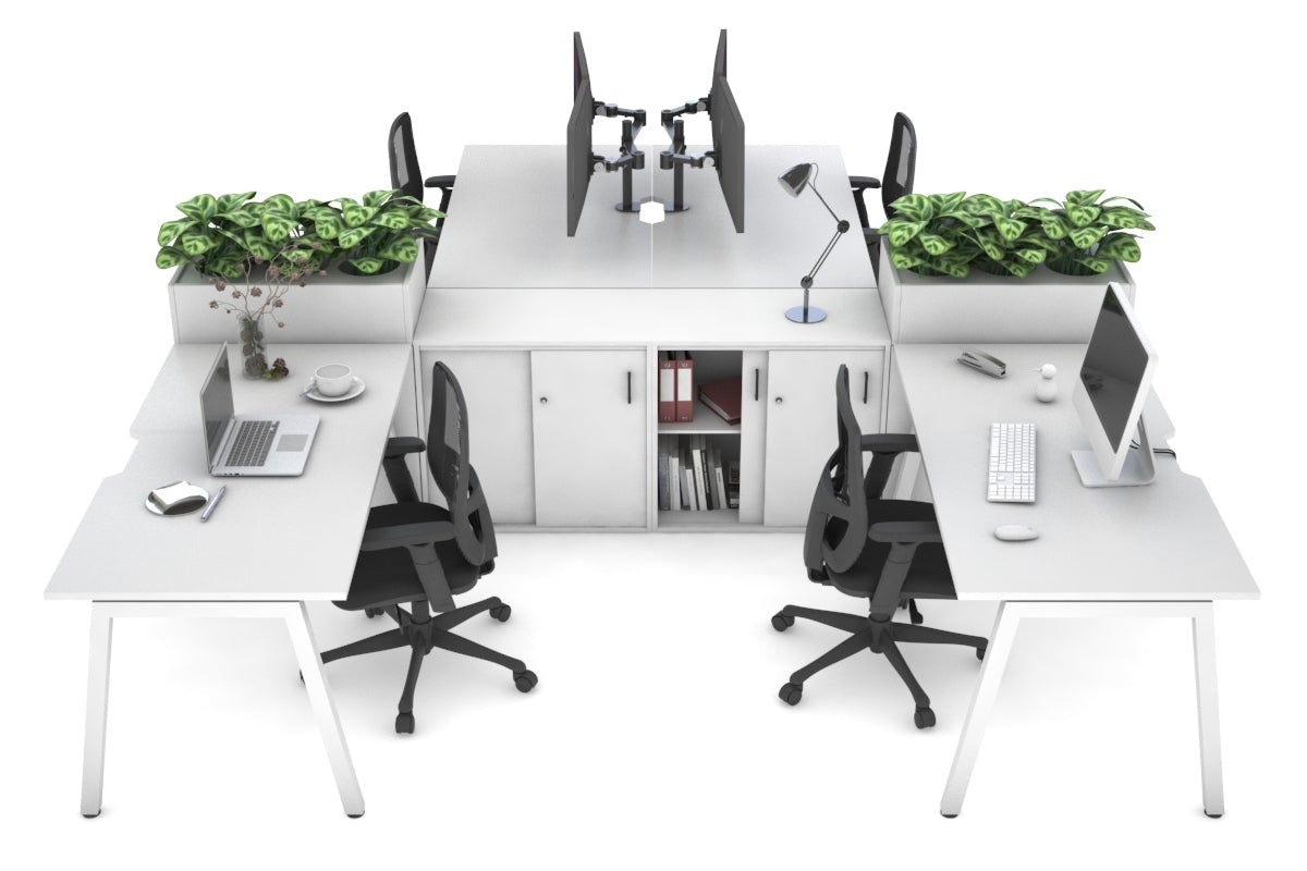 Quadro A Legs 4 Person Workstation with Uniform Spine [4 x (1400x800) with Cable Scallop]-white leg white/white planter 