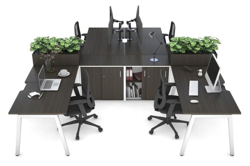 Quadro A Legs 4 Person Workstation with Uniform Spine [4 x (1600x800) with Cable Scallop]-white leg dark oak/dark oak planter 