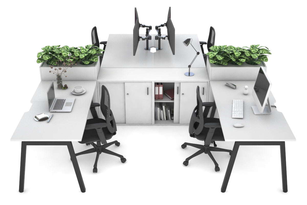 Quadro A Legs 4 Person Workstation with Uniform Spine [4 x (1600x800) with Cable Scallop]-black leg white/white planter 