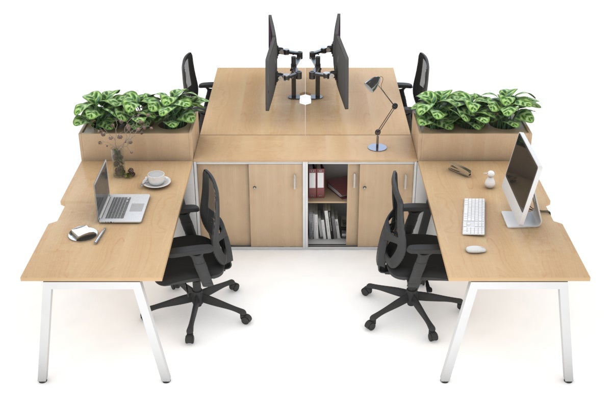 Quadro A Legs 4 Person Workstation with Uniform Spine [4 x (1600x800) with Cable Scallop]-white leg maple/maple planter 