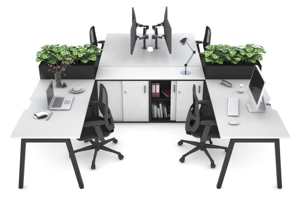 Quadro A Legs 4 Person Workstation with Uniform Spine [4 x (1600x800) with Cable Scallop]-black leg white/black planter 
