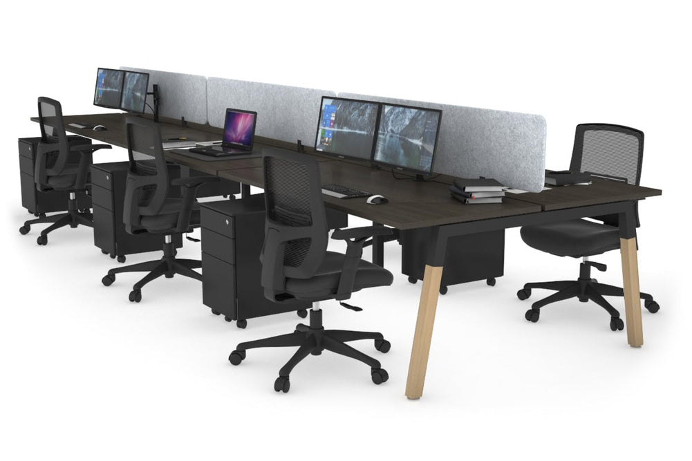 Quadro A Legs 6 Person Office Workstation - Wood Legs Cross Beam [1200L x 700W]-black leg dark oak light grey acoustic panel (400H x 1200W)