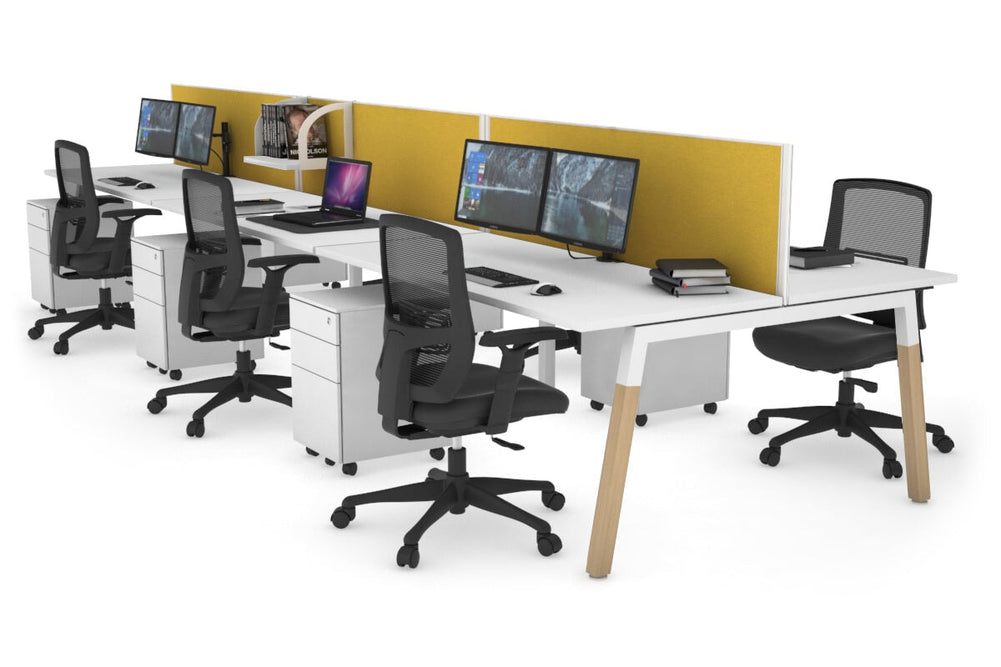 Quadro A Legs 6 Person Office Workstation - Wood Legs Cross Beam [1200L x 700W]-white leg white mustard yellow (500H x 1200W)