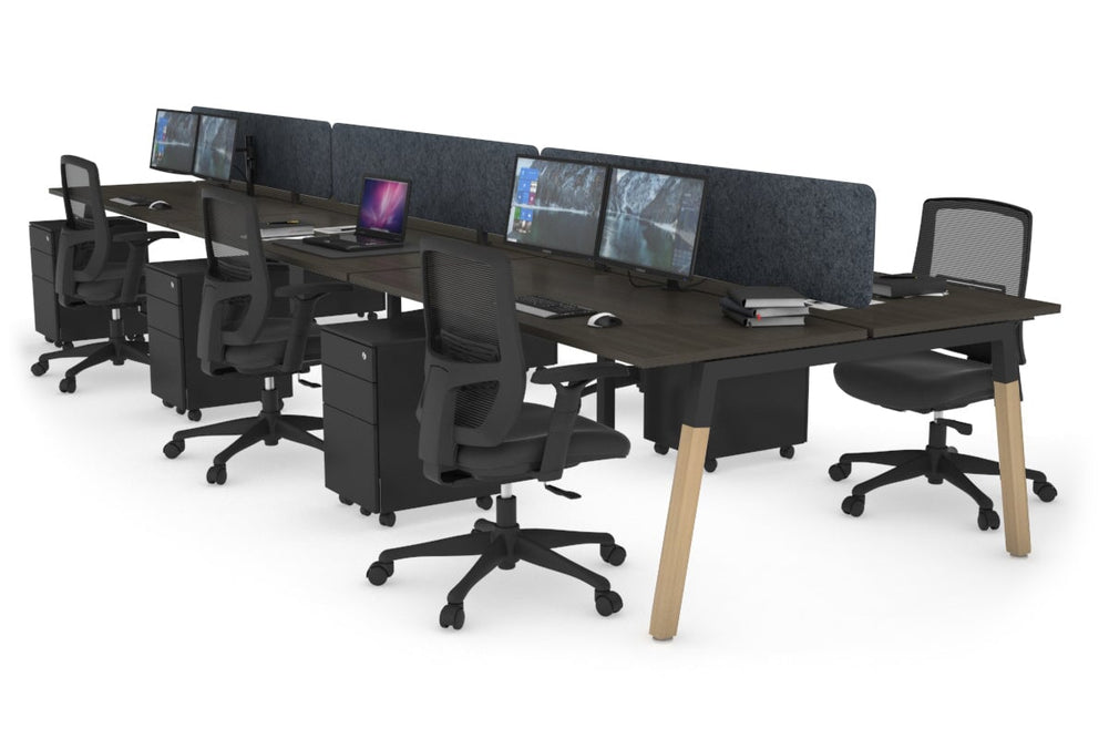 Quadro A Legs 6 Person Office Workstation - Wood Legs Cross Beam [1200L x 700W]-black leg dark oak dark grey acoustic panel (400H x 1200W)