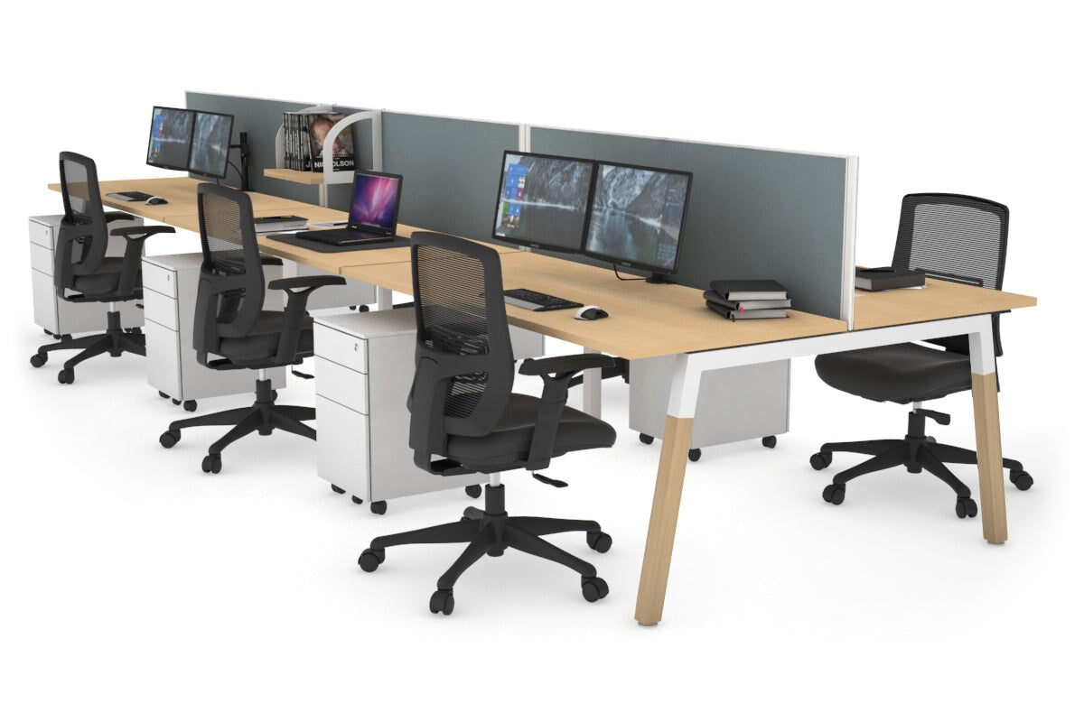 Quadro A Leg 6 Person Office Workstations - Wood Leg Cross Beam [1200L x 700W] Jasonl white leg maple cool grey (500H x 1200W)