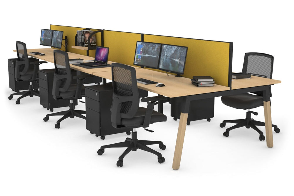 Quadro A Legs 6 Person Office Workstation - Wood Legs Cross Beam [1200L x 700W]-black leg maple mustard yellow (500H x 1200W)