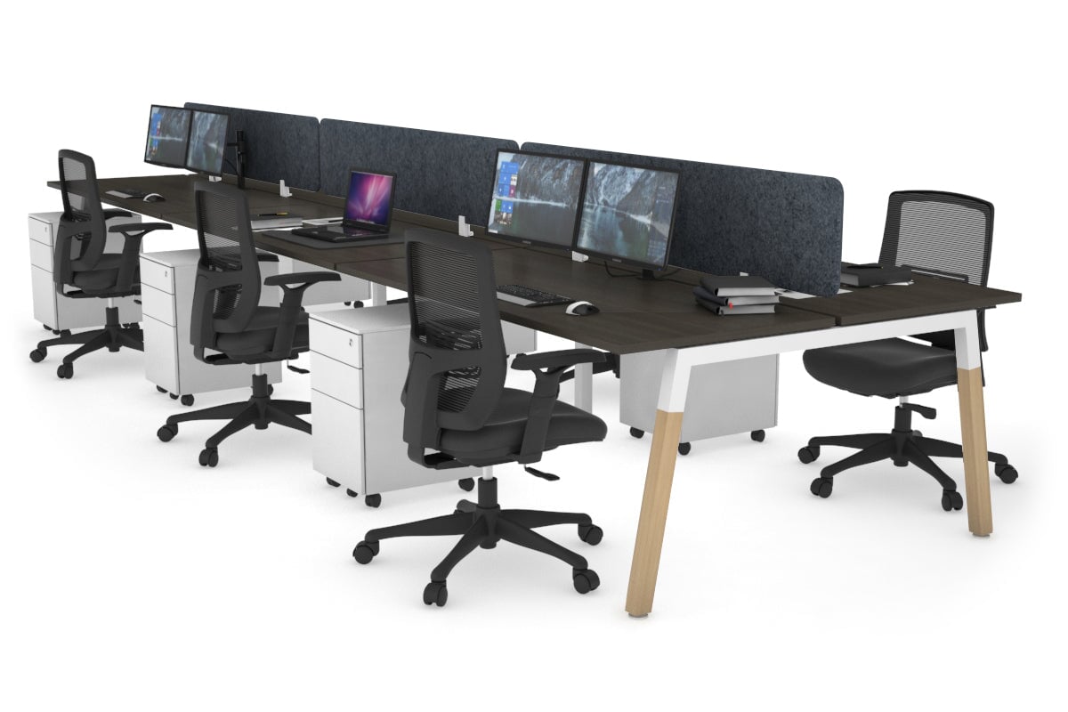 Quadro A Leg 6 Person Office Workstations - Wood Leg Cross Beam [1200L x 700W] Jasonl white leg dark oak dark grey echo panel (400H x 1200W)