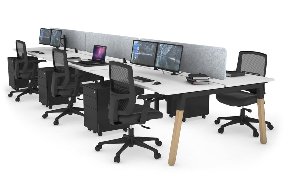 Quadro A Legs 6 Person Office Workstation - Wood Legs Cross Beam [1200L x 700W]-black leg white light grey acoustic panel (400H x 1200W)