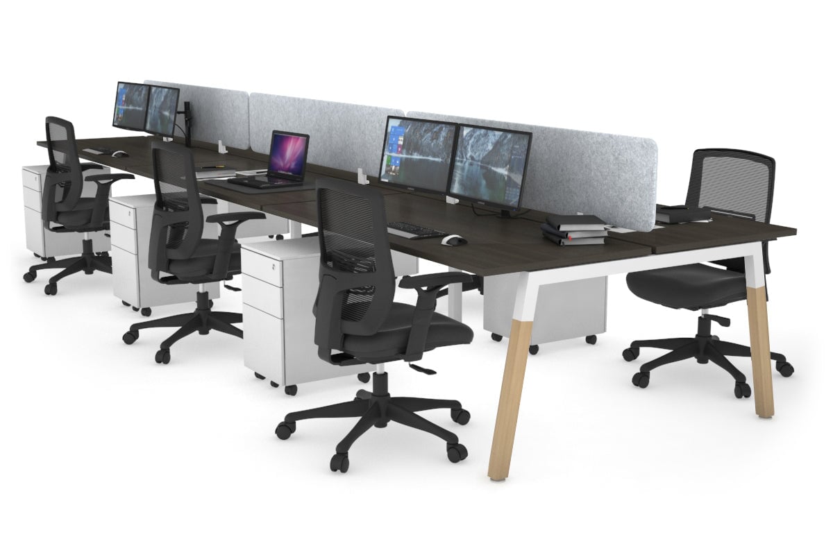 Quadro A Leg 6 Person Office Workstations - Wood Leg Cross Beam [1200L x 700W] Jasonl white leg dark oak light grey echo panel (400H x 1200W)