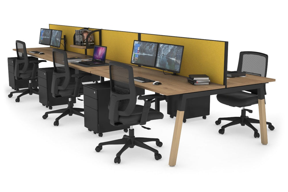 Quadro A Legs 6 Person Office Workstation - Wood Legs Cross Beam [1200L x 700W]-black leg salvage oak mustard yellow (500H x 1200W)
