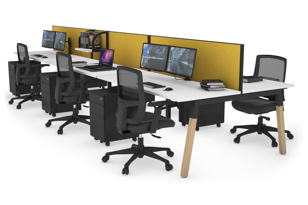 Quadro A Legs 6 Person Office Workstation - Wood Legs Cross Beam [1200L x 700W]-black leg white mustard yellow (500H x 1200W)