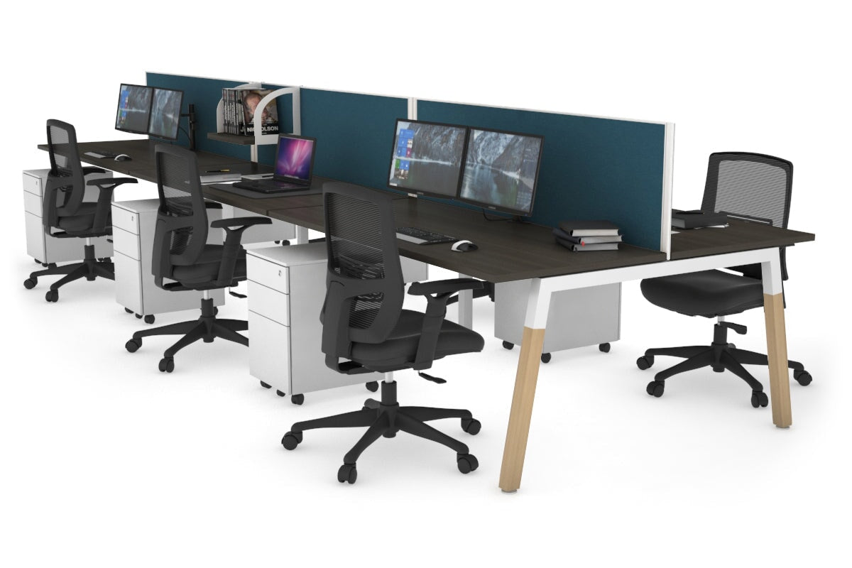 Quadro A Leg 6 Person Office Workstations - Wood Leg Cross Beam [1200L x 700W] Jasonl white leg dark oak deep blue (500H x 1200W)