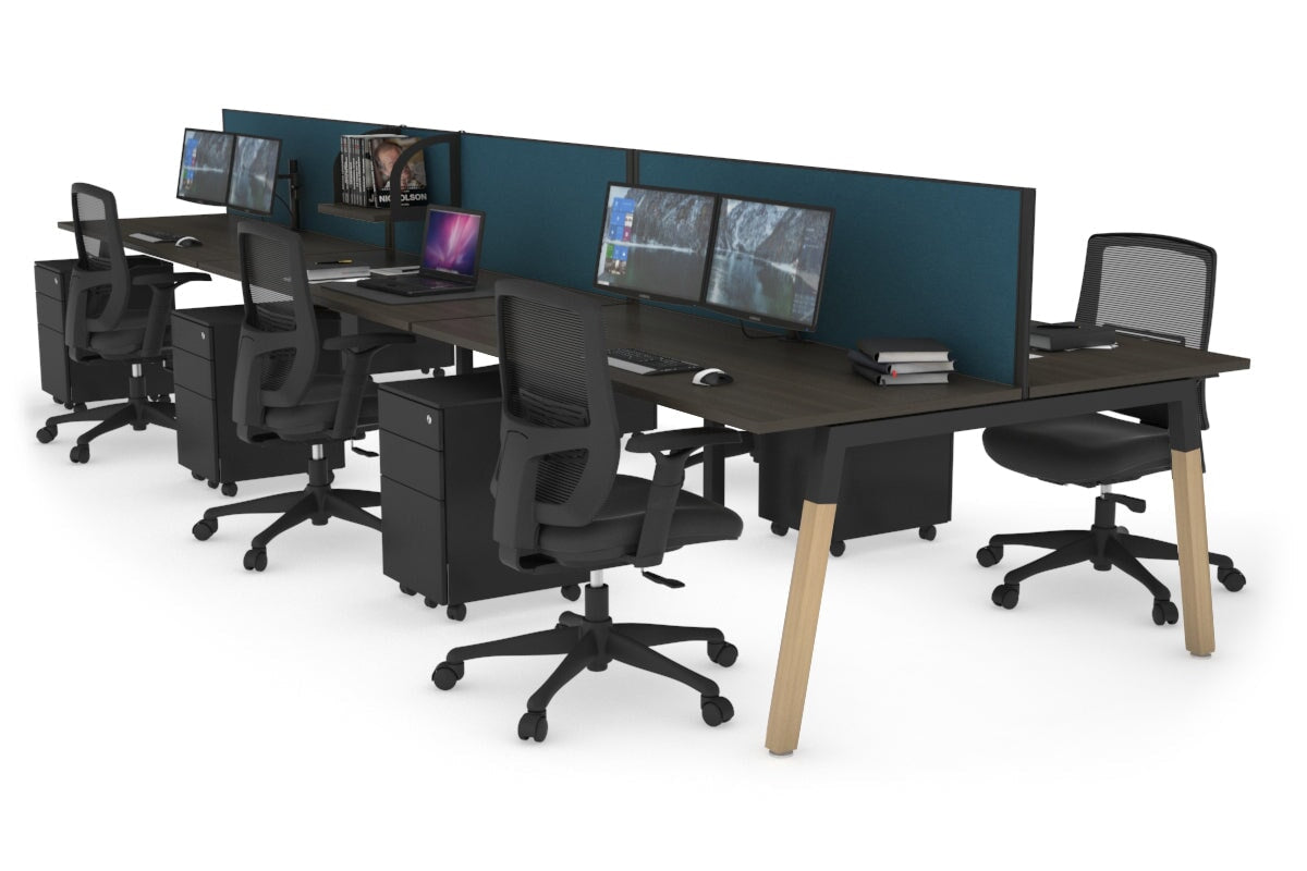 Quadro A Leg 6 Person Office Workstations - Wood Leg Cross Beam [1200L x 700W] Jasonl black leg dark oak deep blue (500H x 1200W)