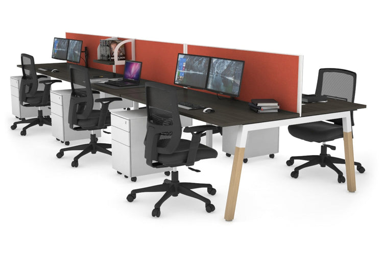 Quadro A Leg 6 Person Office Workstations - Wood Leg Cross Beam [1200L x 700W] Jasonl white leg dark oak orange squash (500H x 1200W)