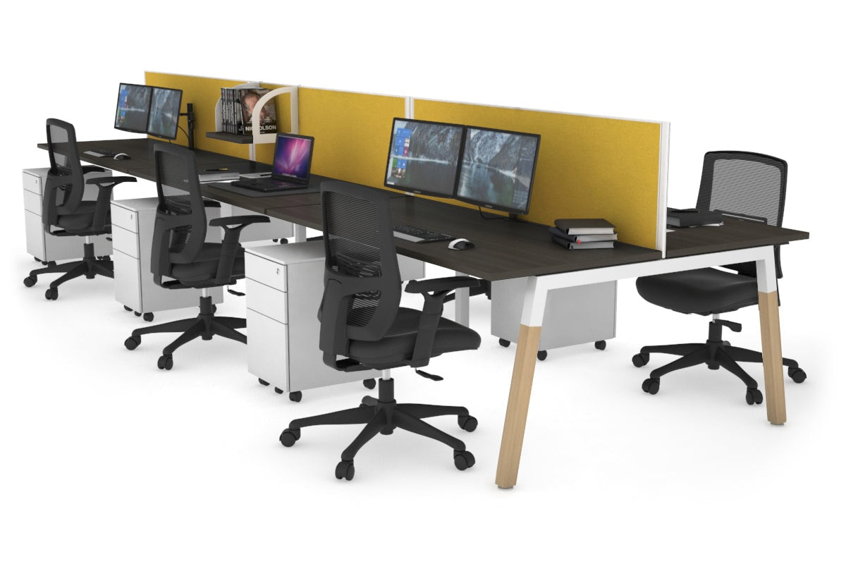 Quadro A Leg 6 Person Office Workstations - Wood Leg Cross Beam [1200L x 700W] Jasonl white leg dark oak mustard yellow (500H x 1200W)