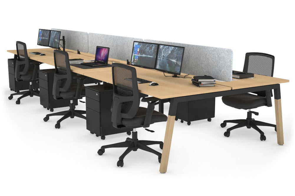 Quadro A Legs 6 Person Office Workstation - Wood Legs Cross Beam [1200L x 800W with Cable Scallop]-black leg maple light grey acoustic panel (400H x 1200W)